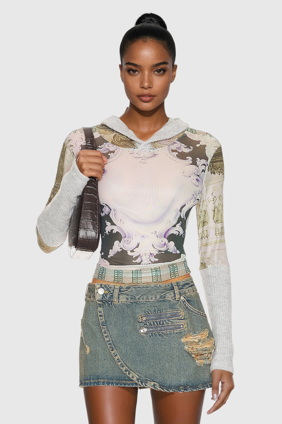 Abcde Baskı Kapüşonlu Bodycon Üst