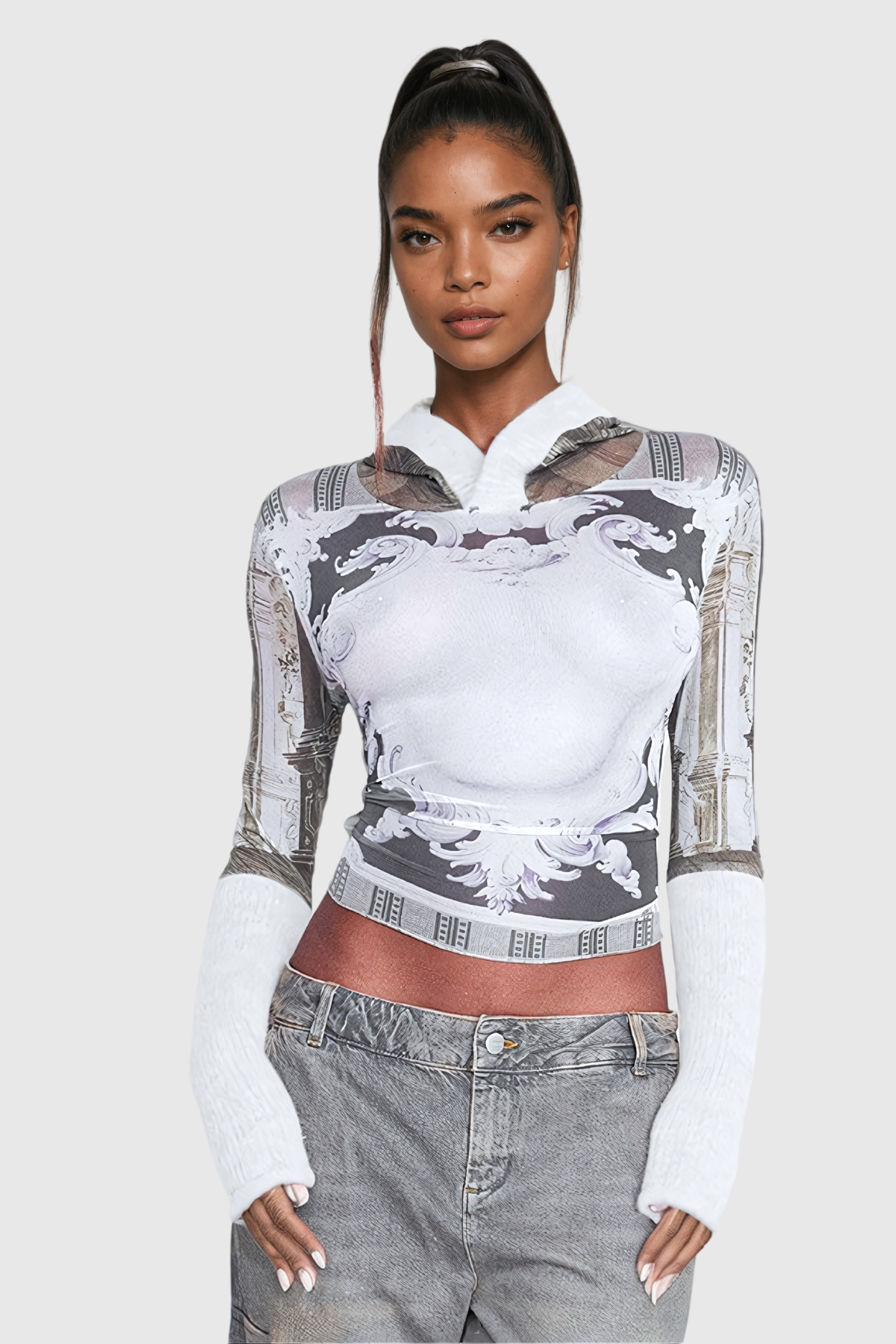 Abcde Baskı Kapüşonlu Bodycon Üst