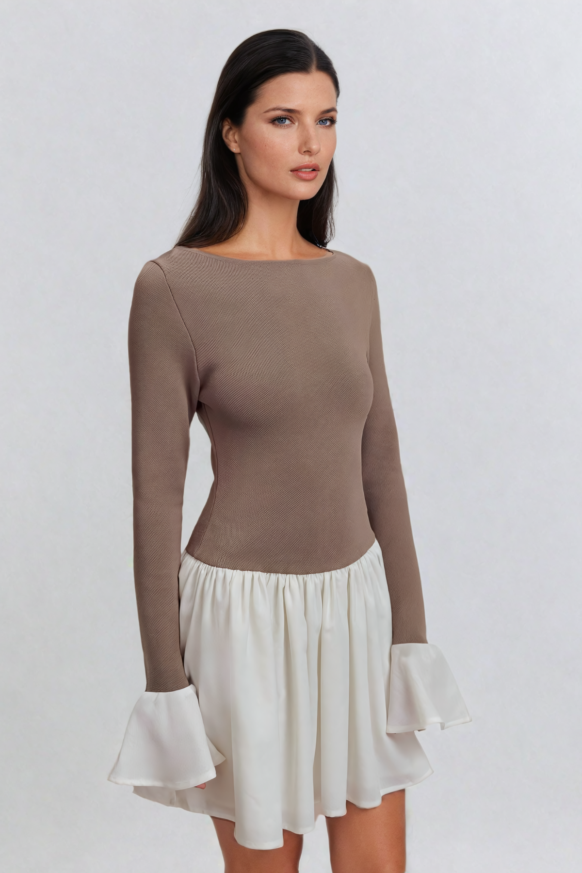 Adamma Deconstruct Fırfırlı Bodycon Kahverengi Mini Elbise