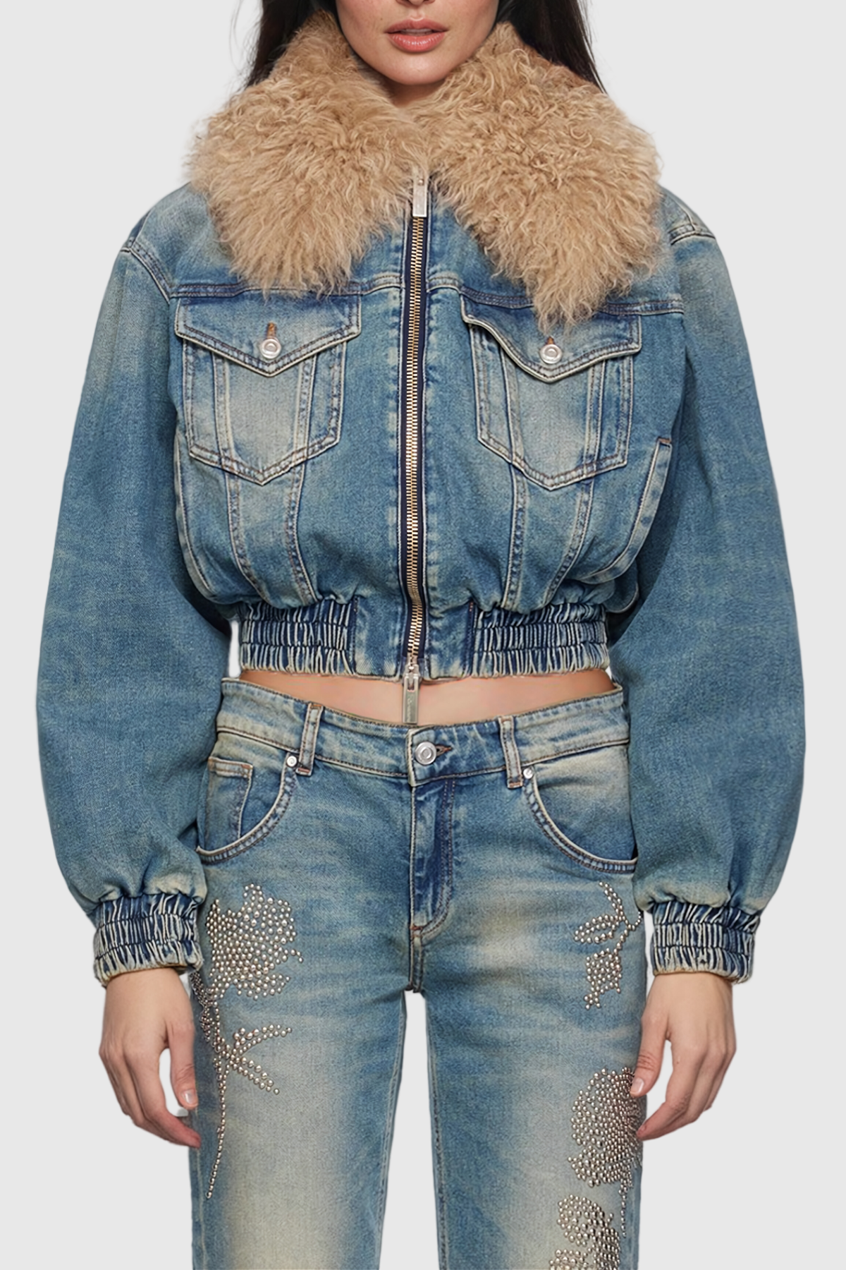 Akuna Kürk Dantelli Cepli Denim Ceket