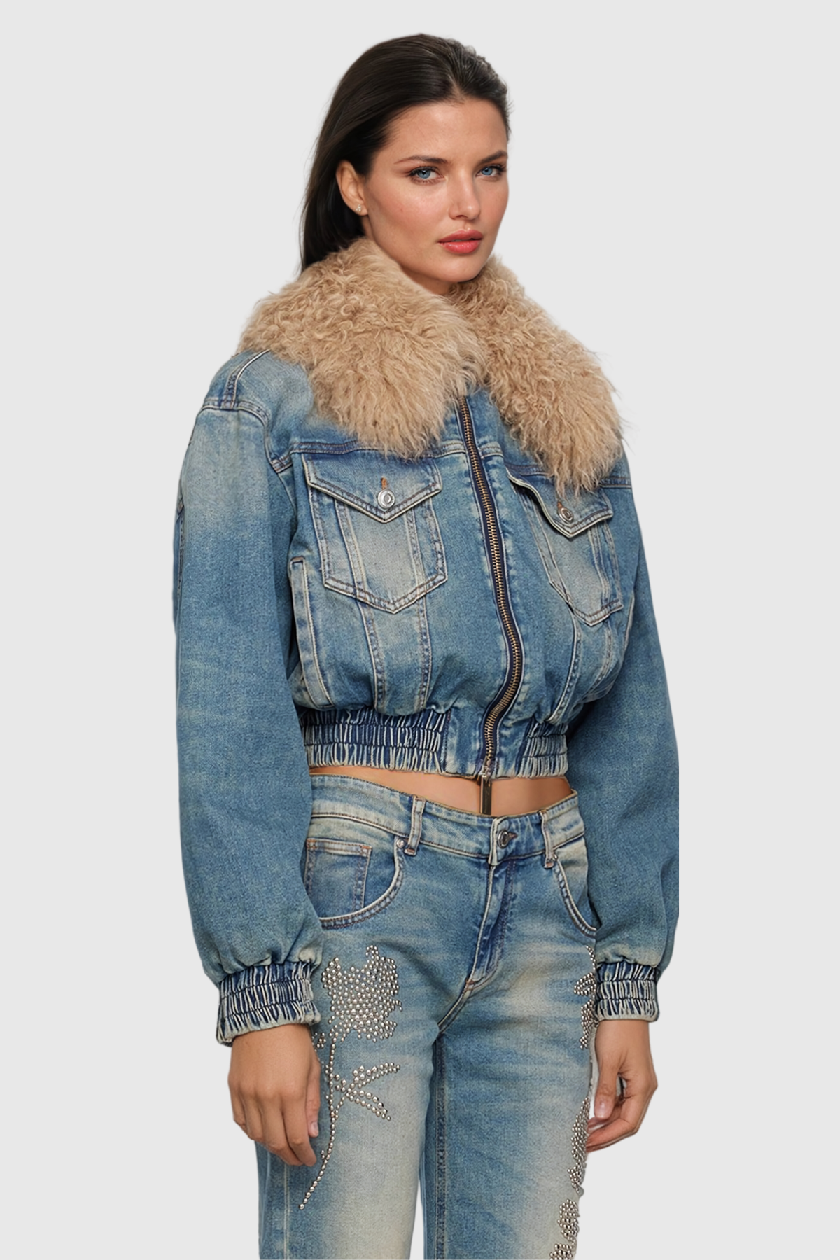 Akuna Kürk Dantelli Cepli Denim Ceket