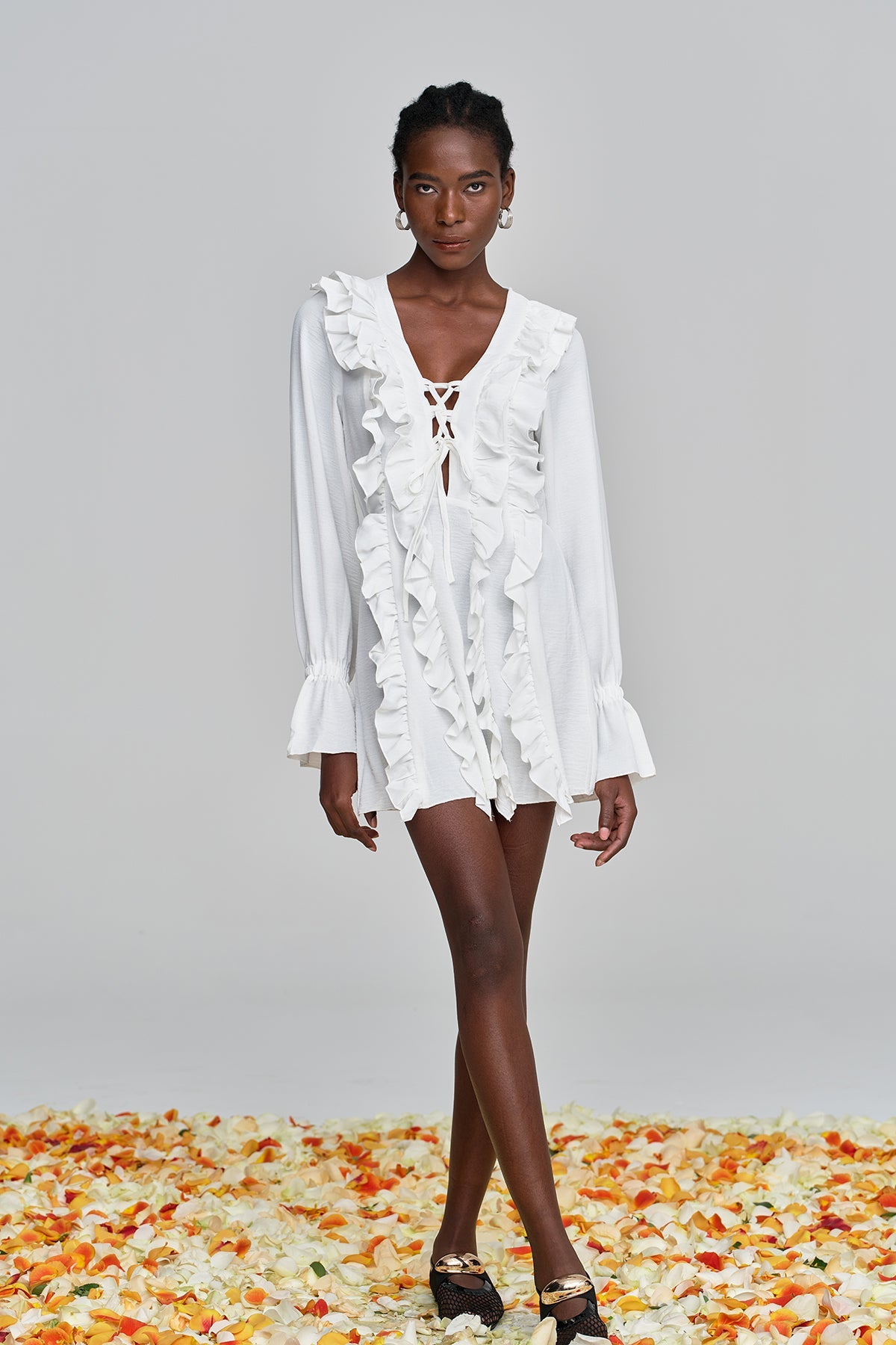 Amithi Ruffle Lace Up Derin Mini Elbise