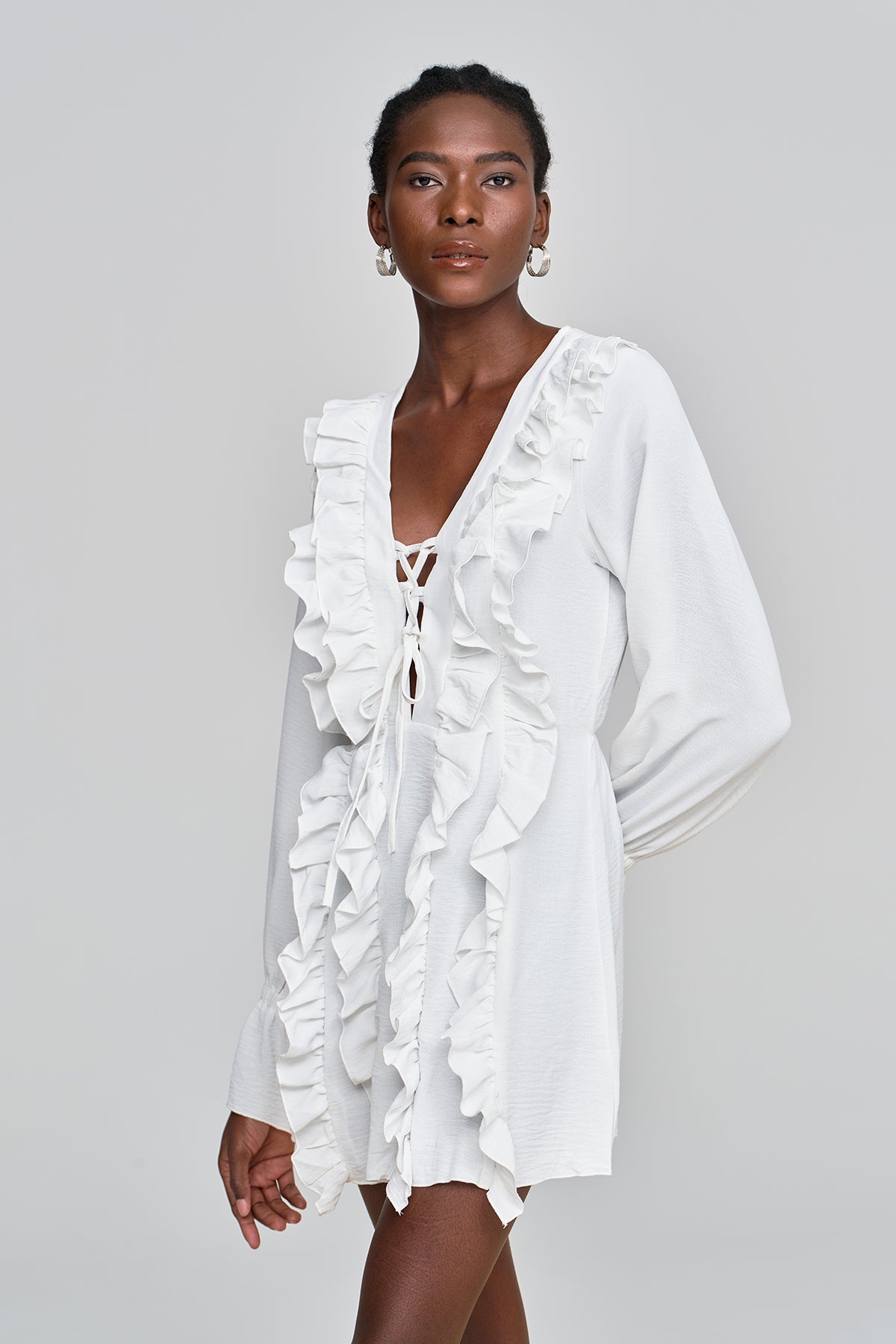 Amithi Ruffle Lace Up Derin Mini Elbise