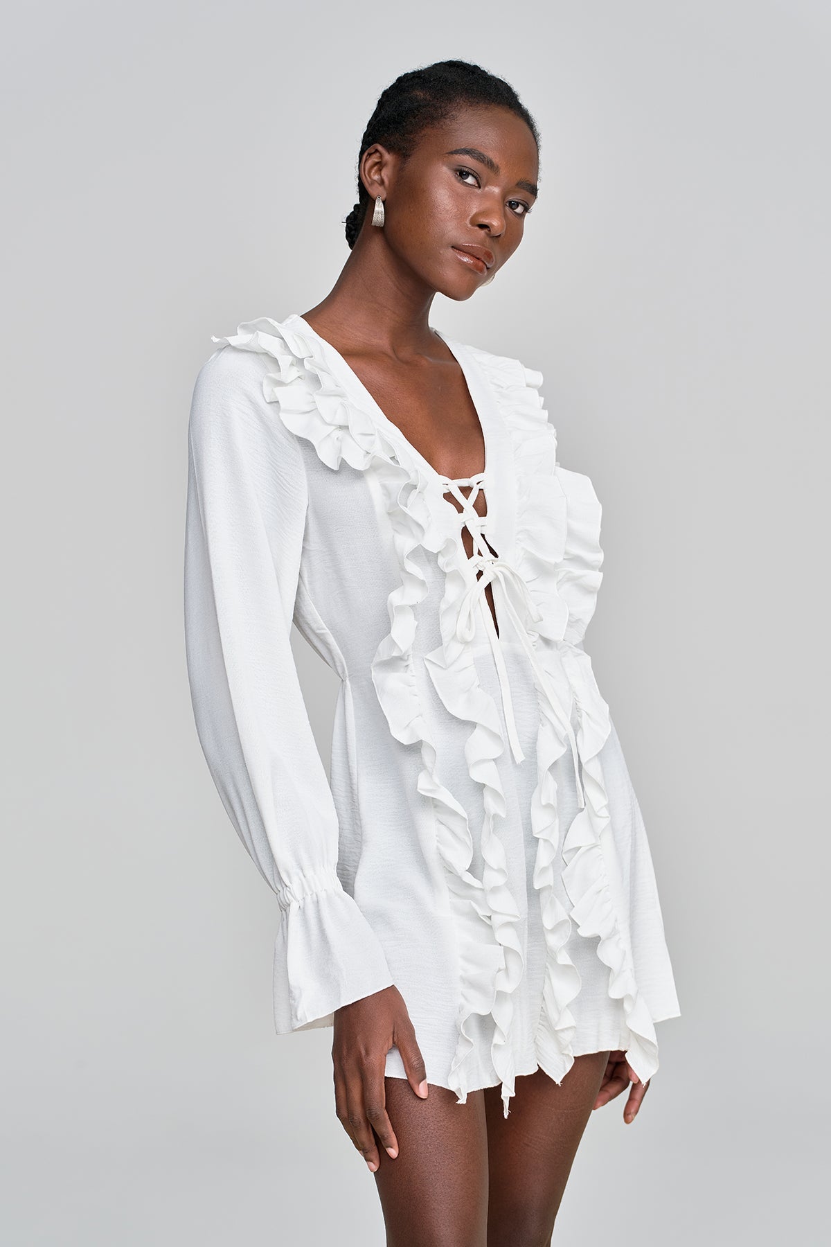 Amithi Ruffle Lace Up Derin Mini Elbise