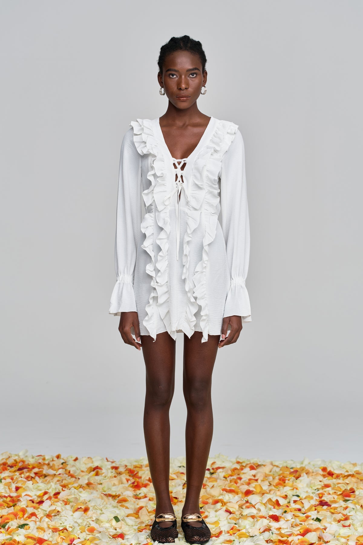 Amithi Ruffle Lace Up Derin Mini Elbise