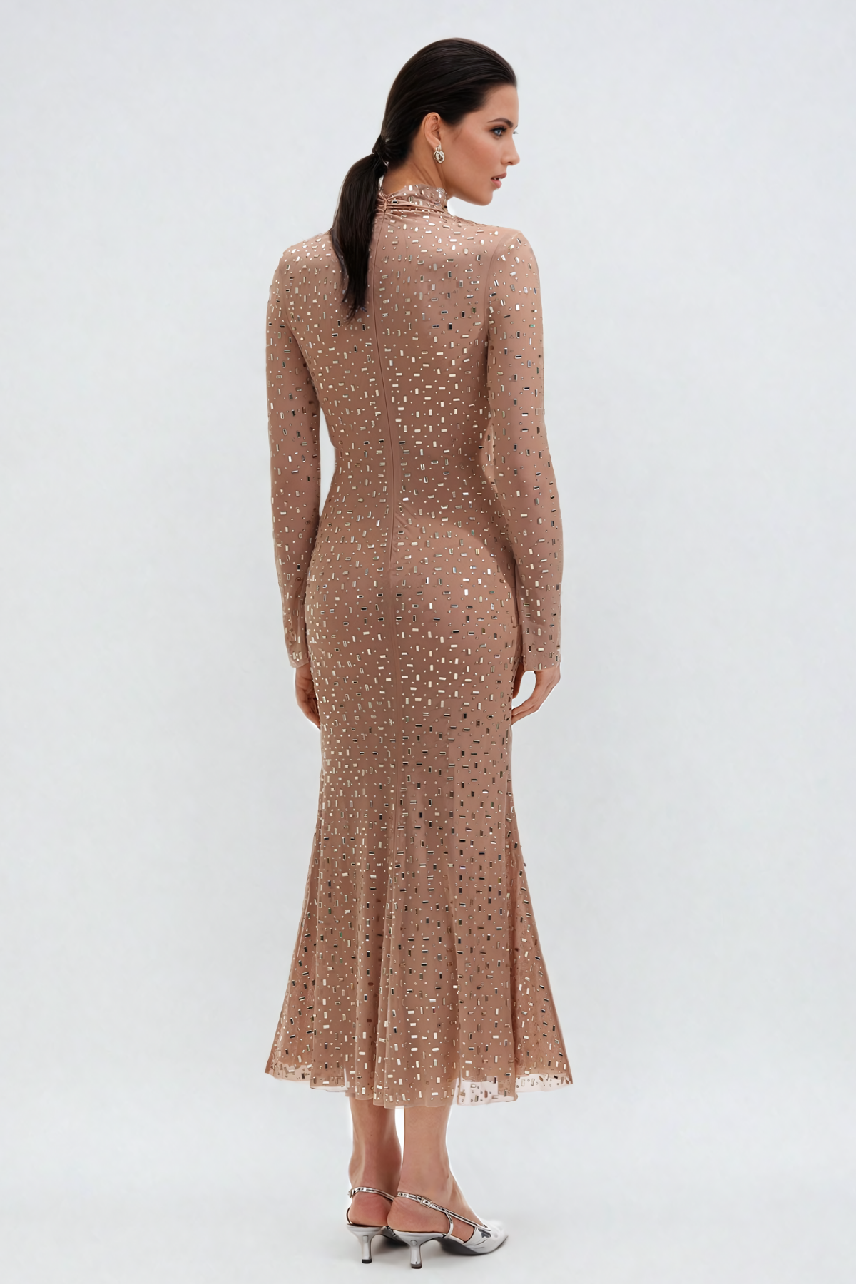Andie Taşlı Bodycon Uzun Kollu Kayısı Maxi Elbise