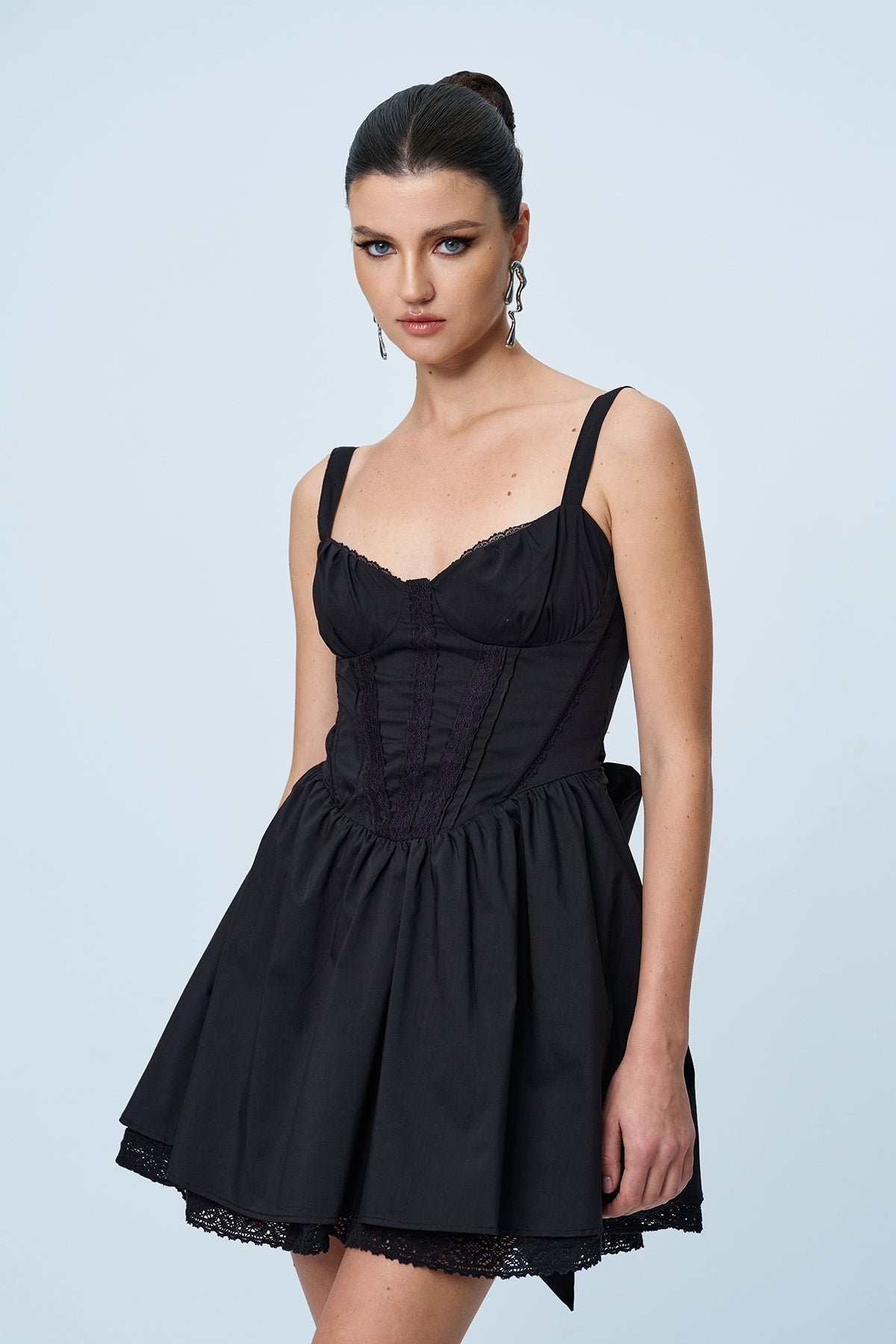 Anjolie Bow Ruch Ruffle Mini Elbise Siyah