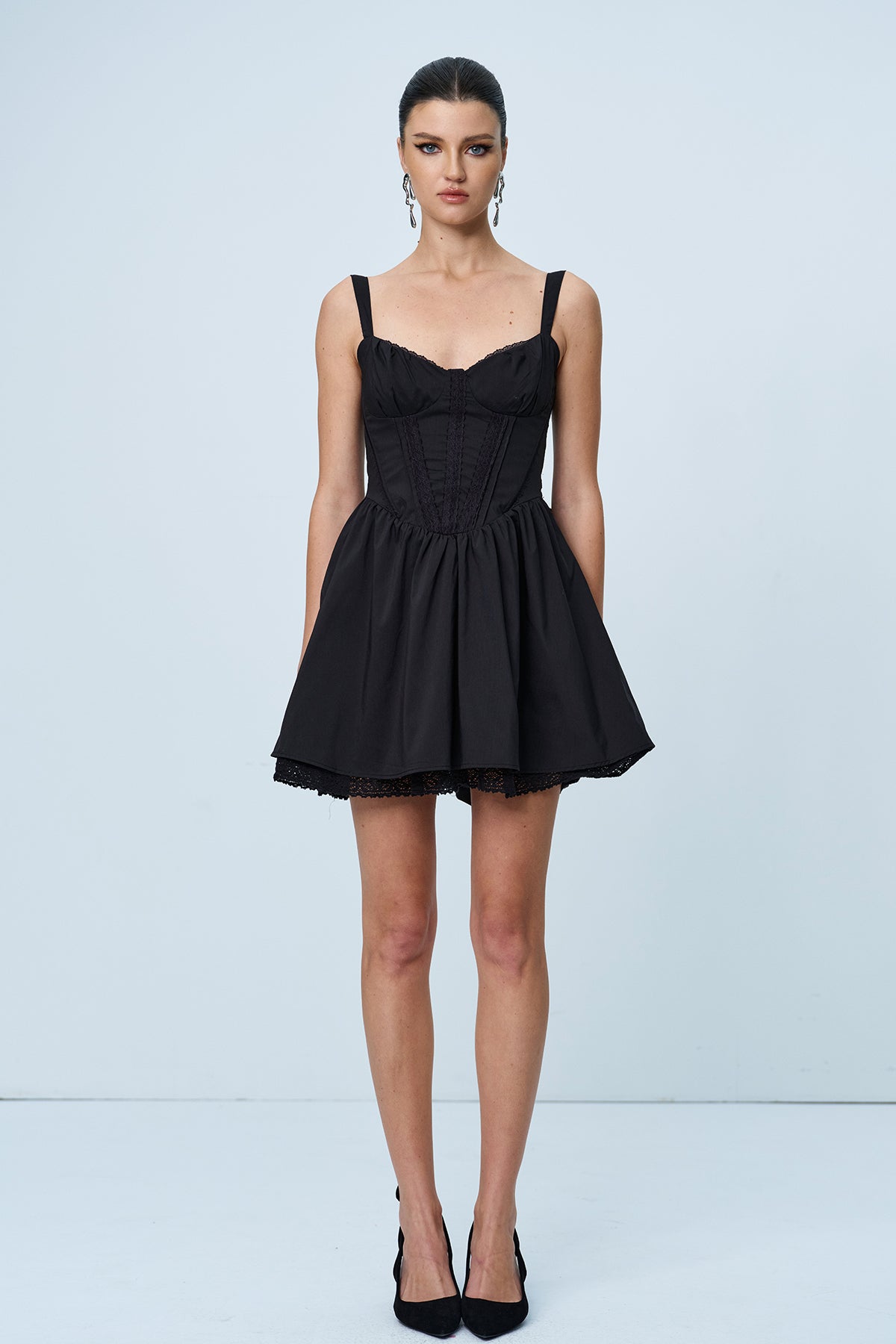 Anjolie Bow Ruch Ruffle Mini Elbise Siyah