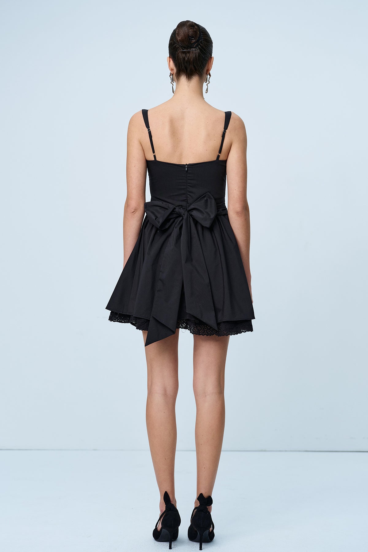 Anjolie Bow Ruch Ruffle Mini Elbise Siyah