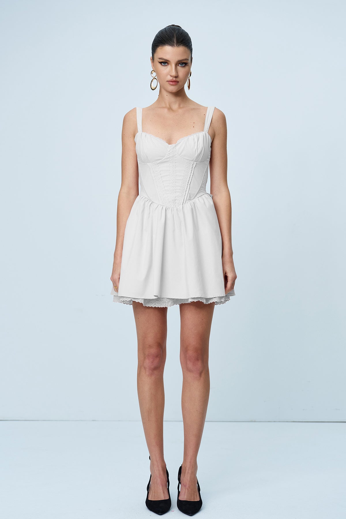 Anjolie Bow Ruch Ruffle Mini Elbise Beyaz