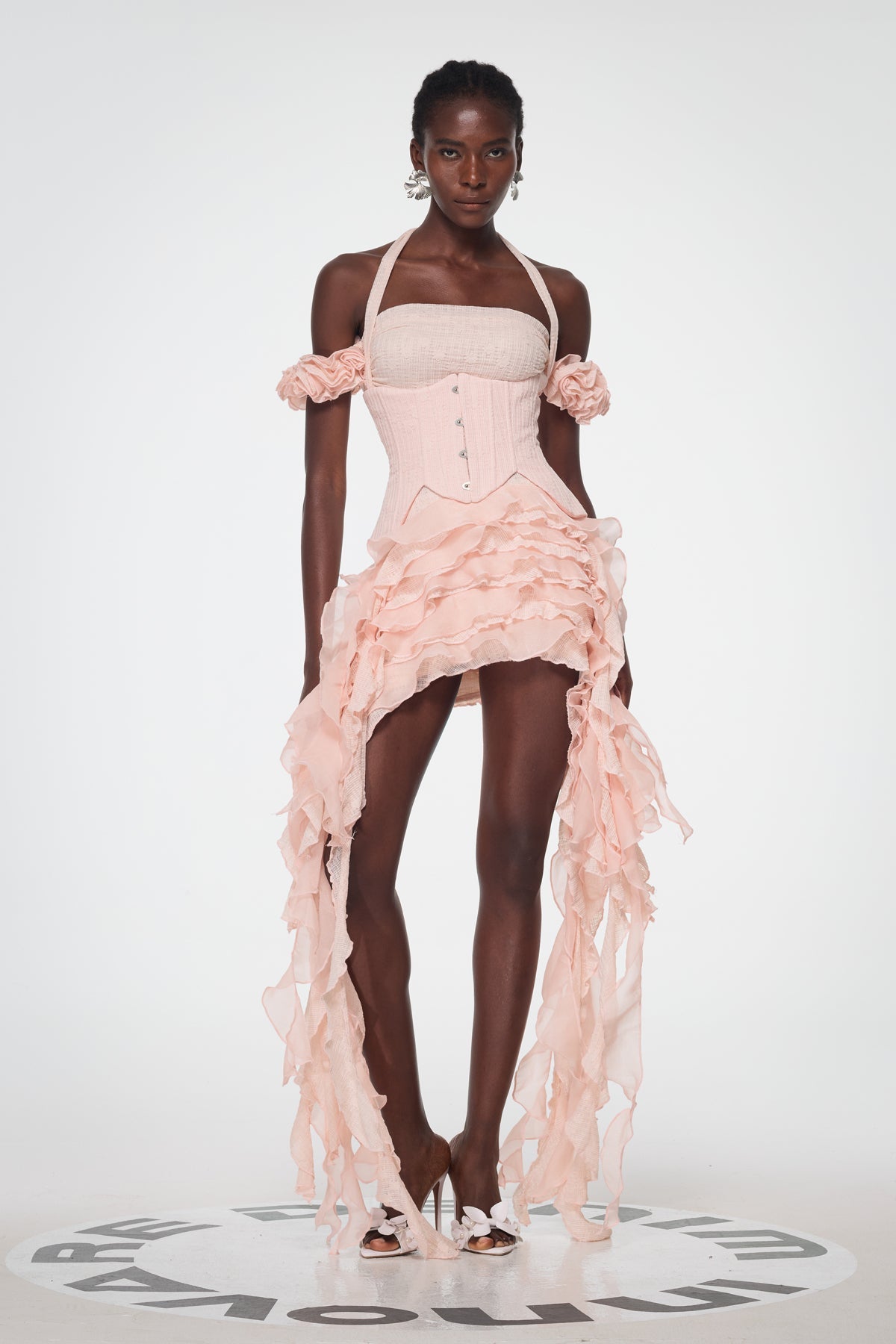 Baha Ruch Ruffle Fringe Mini Elbise Pembe
