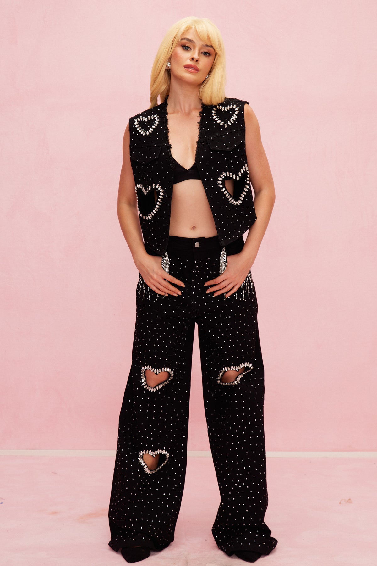 Beat Rhinestone Cutout Love Kot Pantolon Takımı