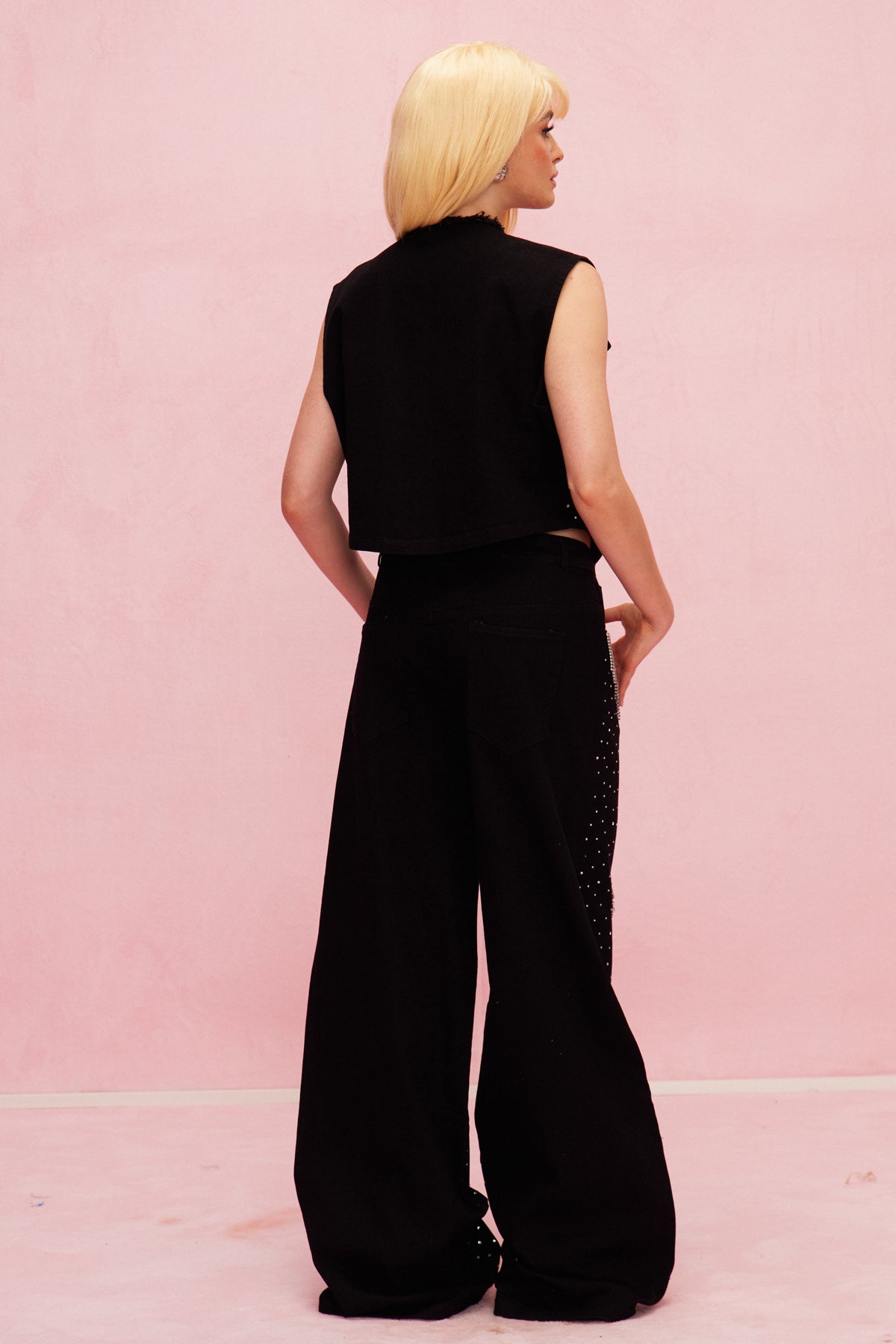 Beat Rhinestone Cutout Love Kot Pantolon Takımı