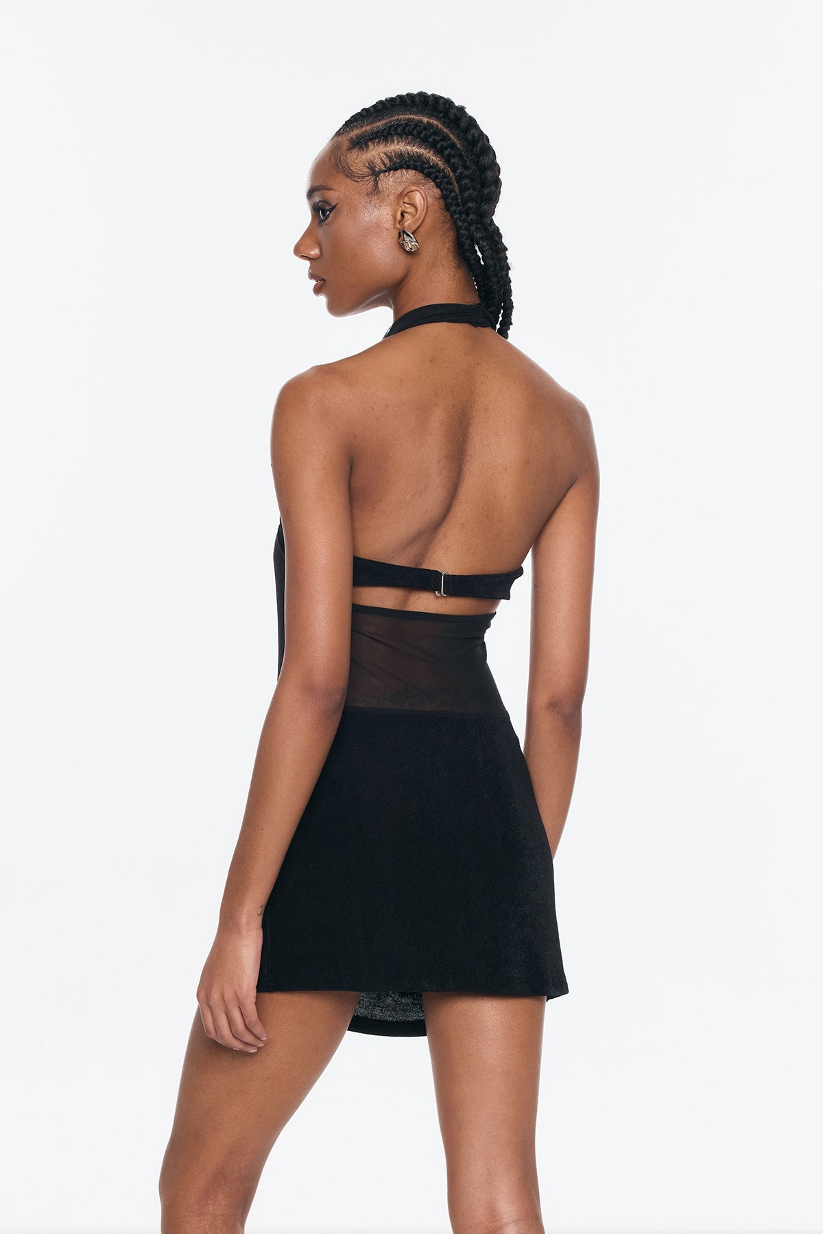 Beno Mesh Plunge Ruch Halter Yaka Mini Elbise