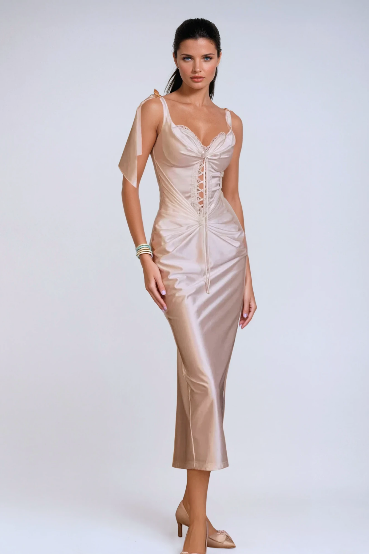 Beowulf Saten Korse Midi Elbise