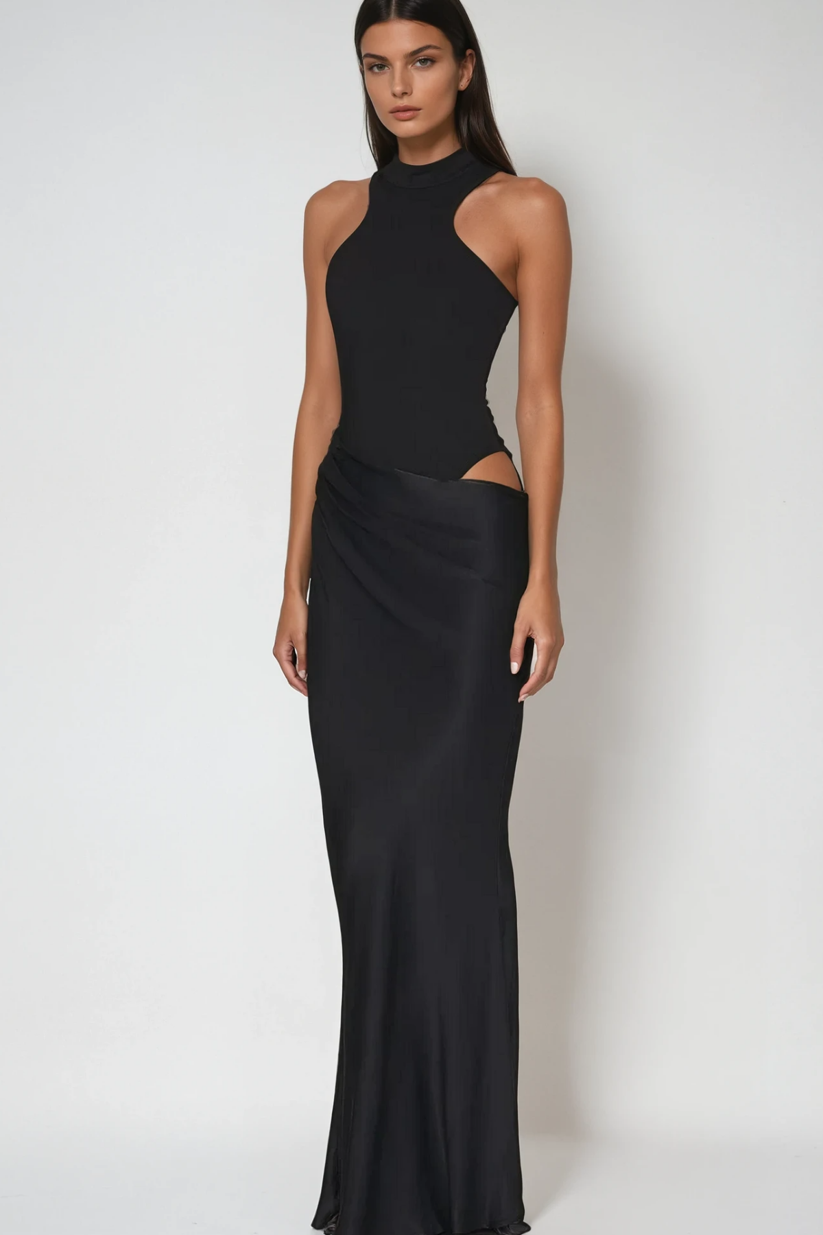 Beres Tank Top Saten Uzun Elbise Siyah