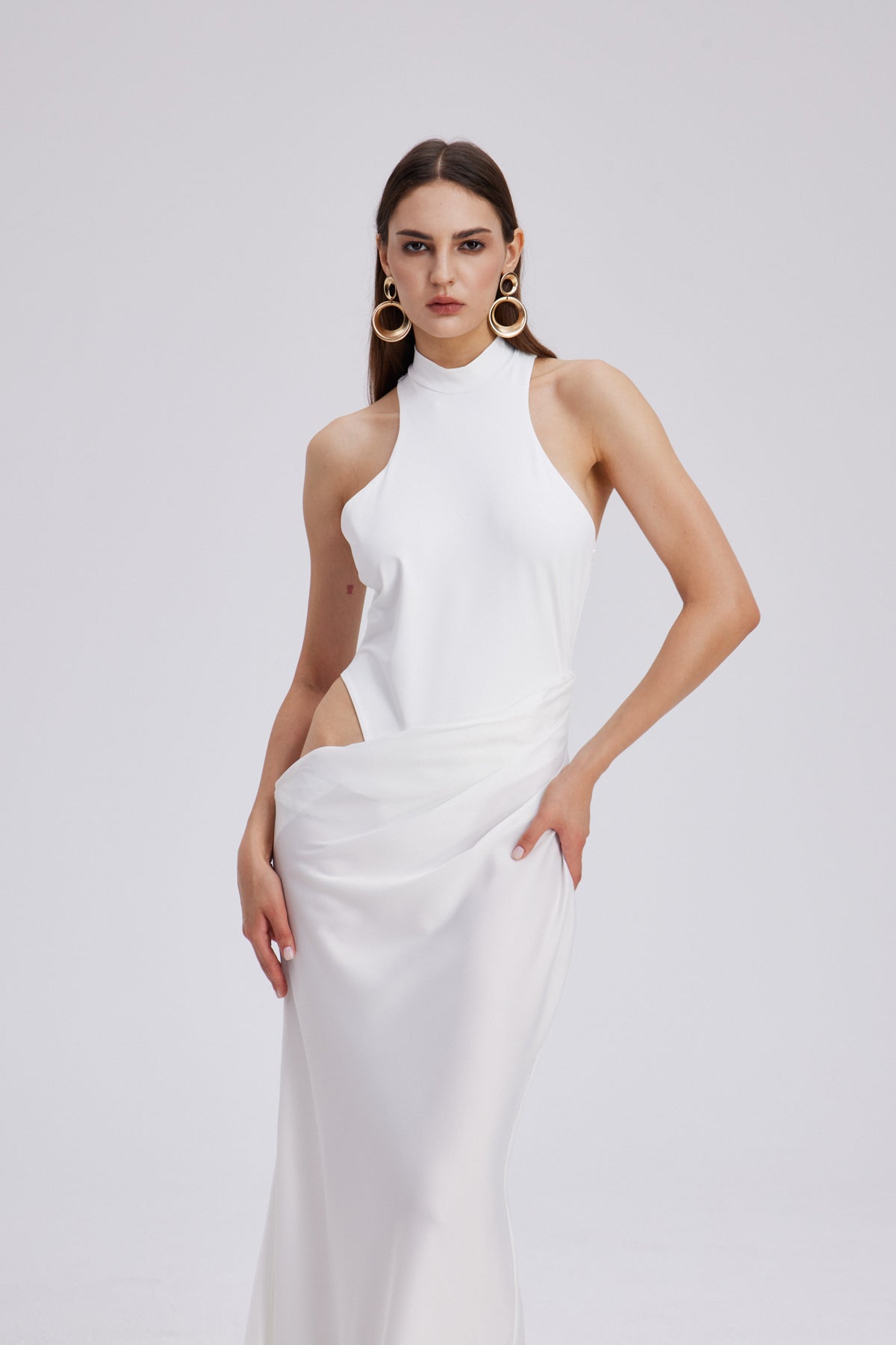 Beres Tank Top Saten Uzun Beyaz Elbise