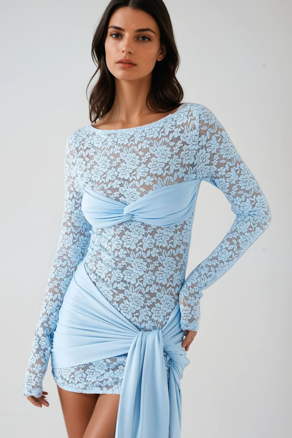 Bernardo Lace Floral Lace Up Mini Elbise Bebek Mavisi