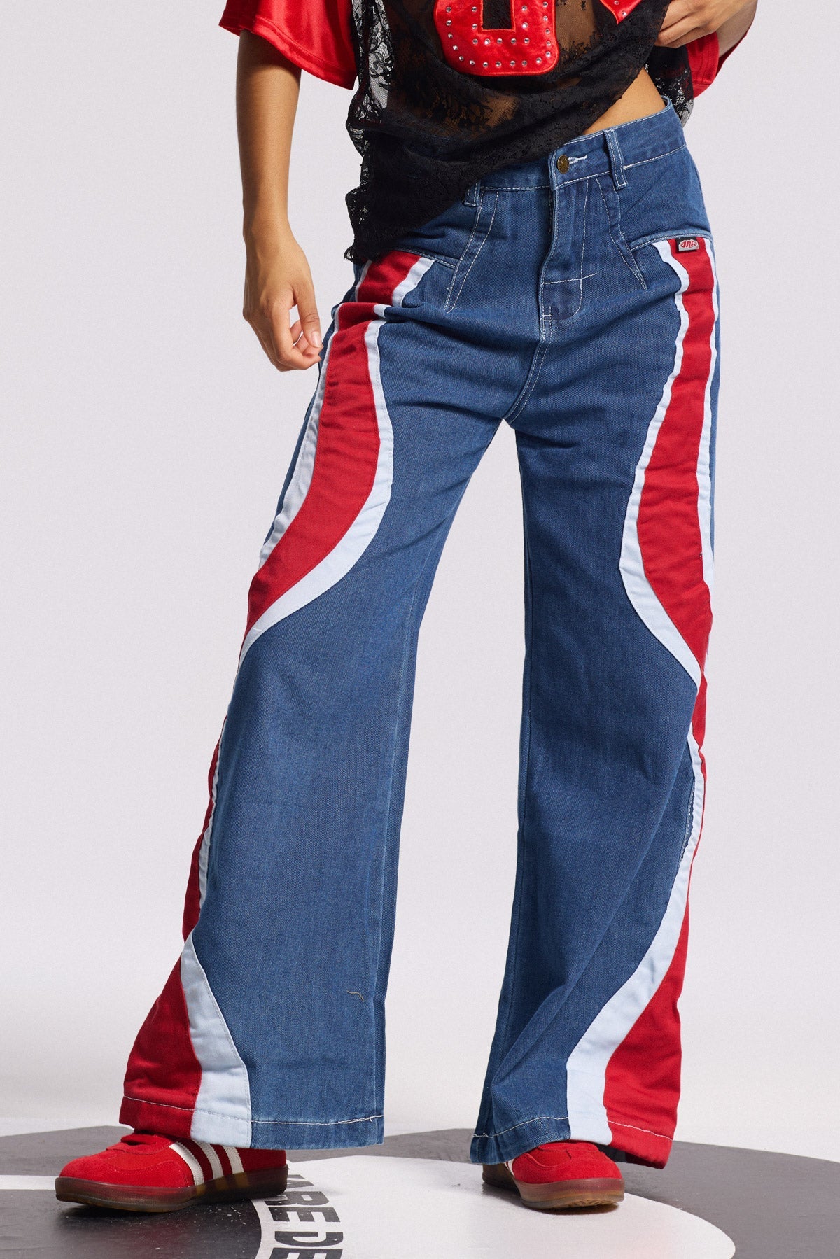Bion Çizgili Geniş Paça Kot Pantolon