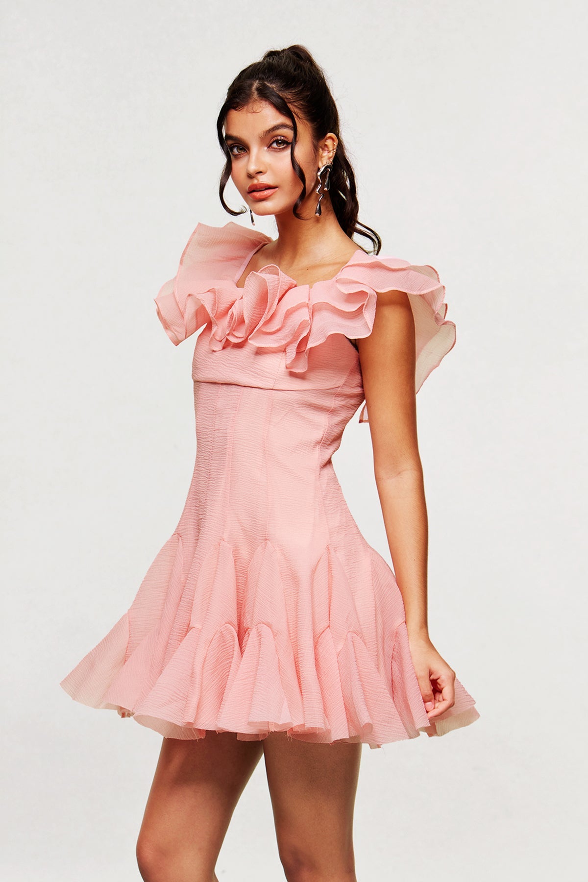 Blago Pembe Volanlı Korse Mini Elbise