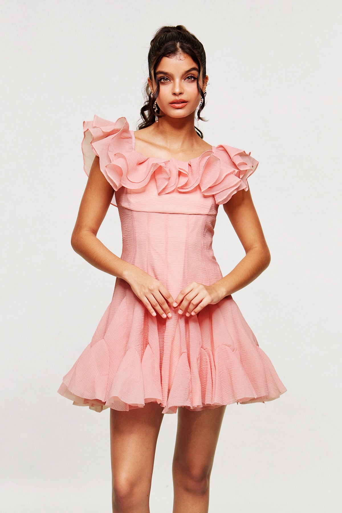 Blago Pembe Volanlı Korse Mini Elbise