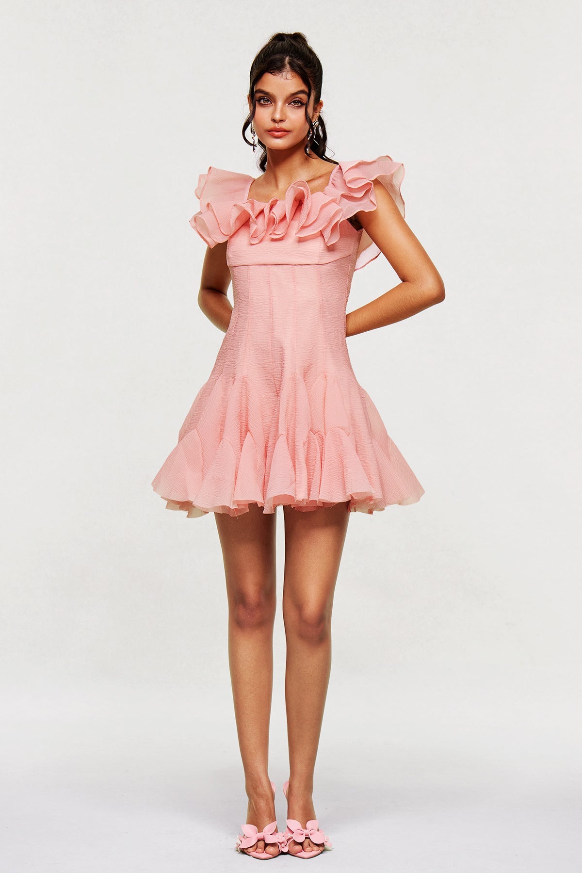 Blago Pembe Volanlı Korse Mini Elbise