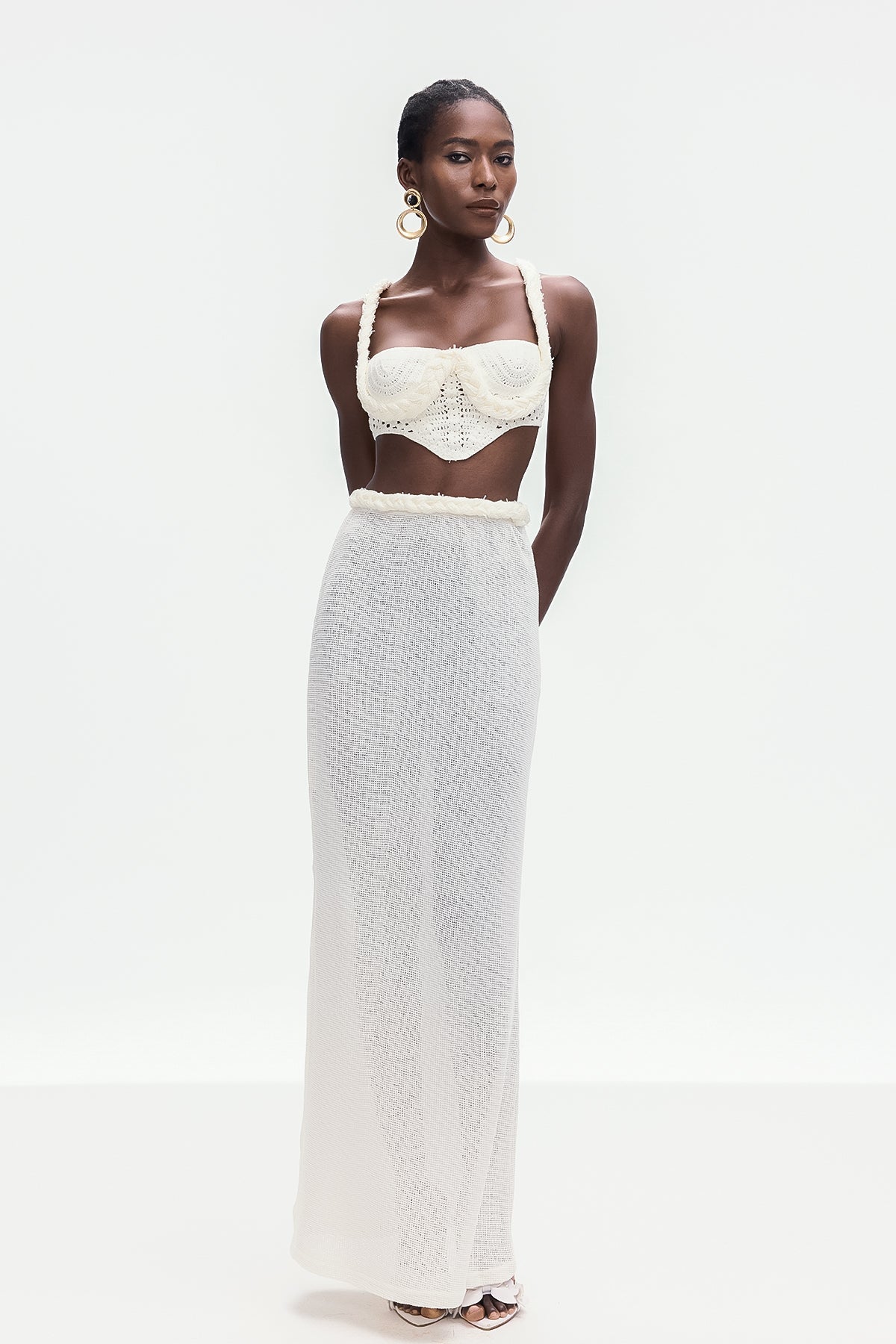 Bogdana Twist Cutout Örgü Etek Takımı Beyaz