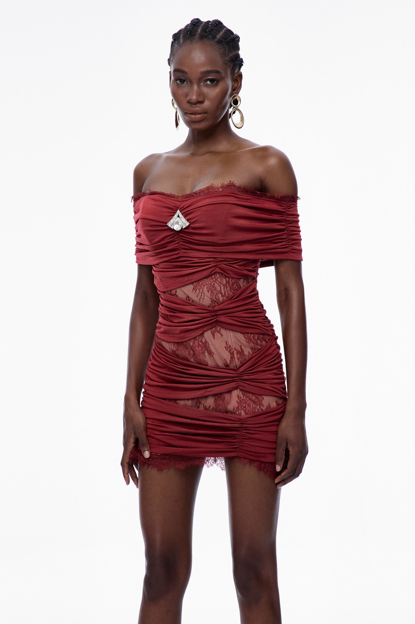 Carine Lace Rüs Omuz Açık Mini Elbise