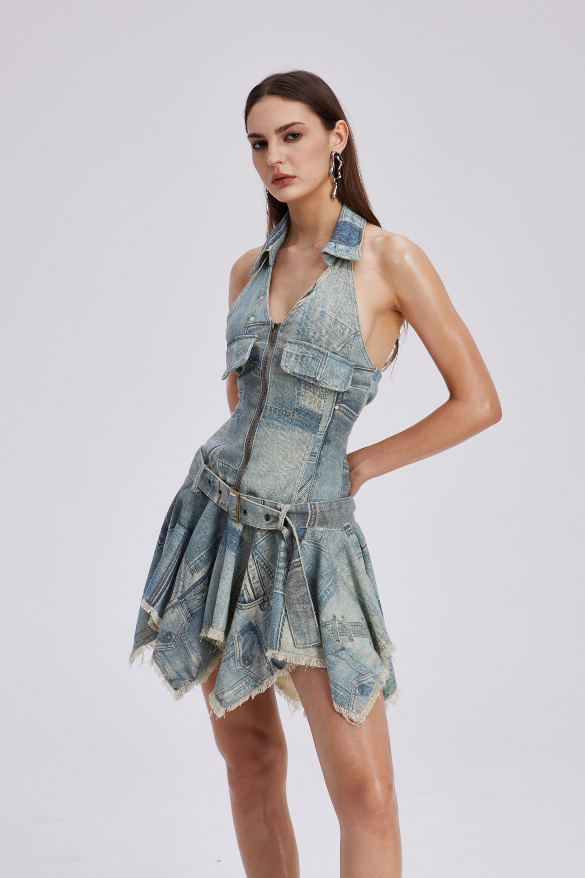 Chava Halter Yaka Baskılı Saçaklı Mini Elbise