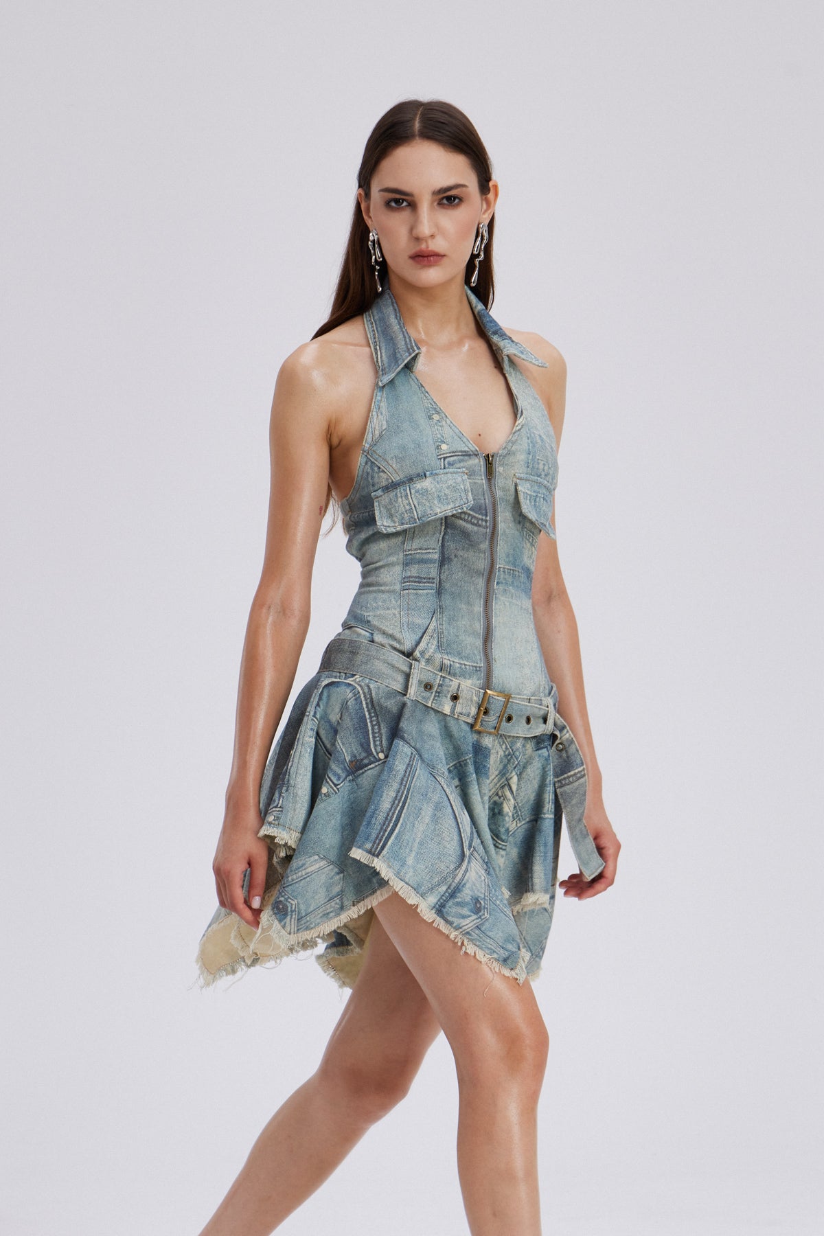 Chava Halter Yaka Baskılı Saçaklı Mini Elbise