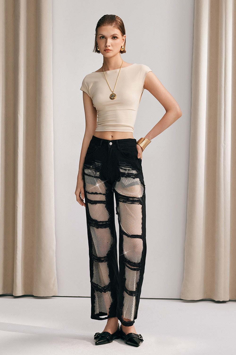 Chloe Mesh Siyah Düz Kot Pantolon