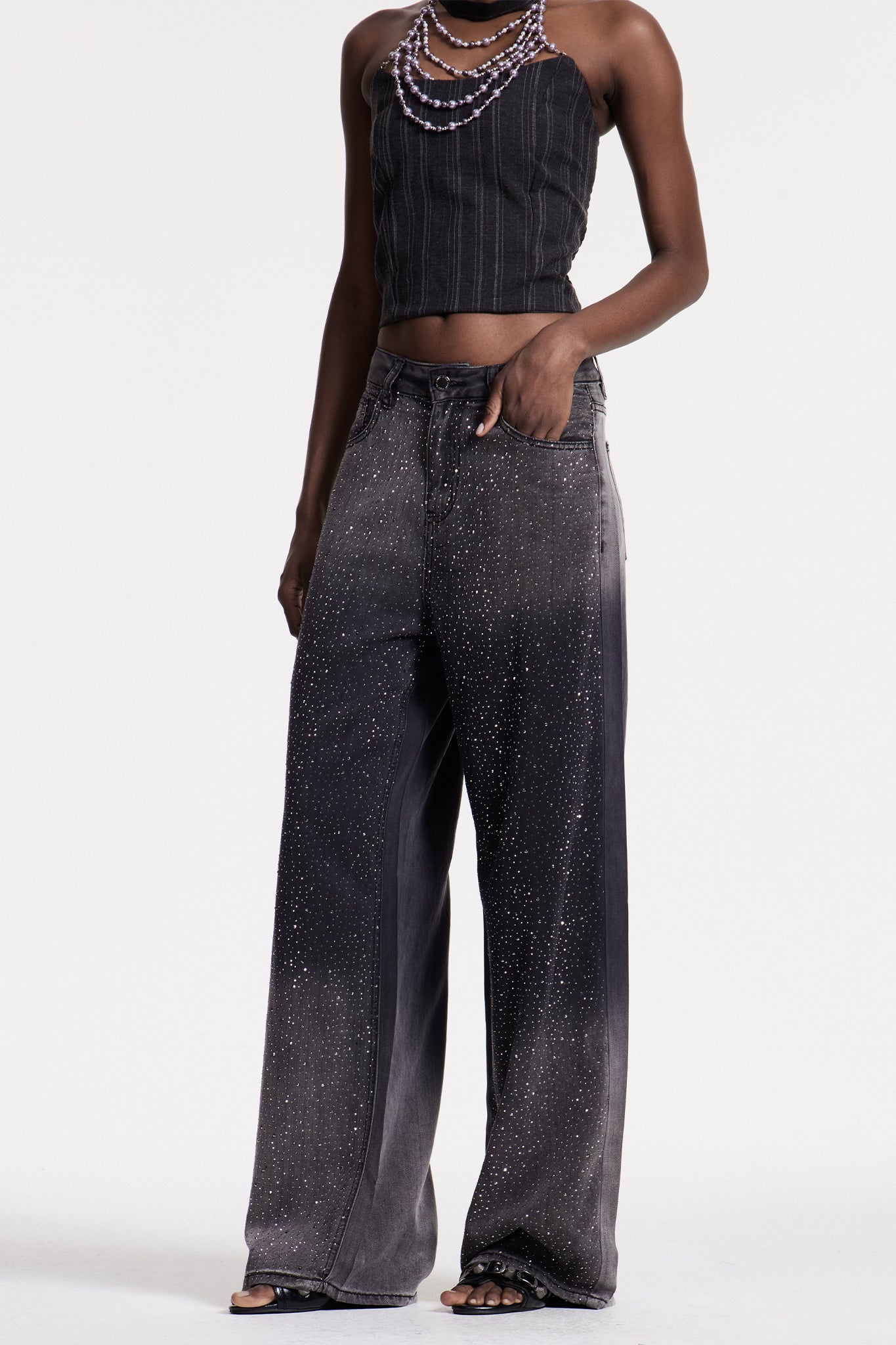 Chobin Rhinestone Hayley Siyah Kot Pantolon