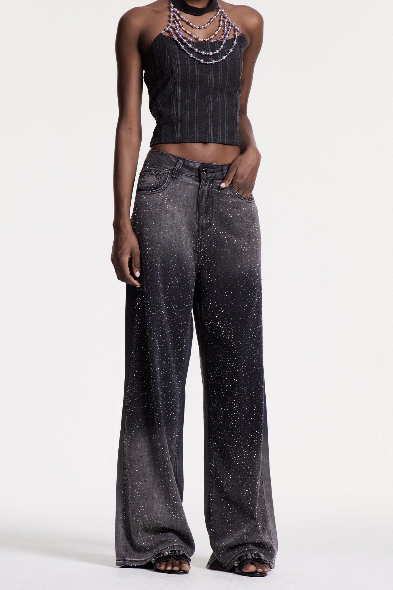 Chobin Rhinestone Hayley Siyah Kot Pantolon