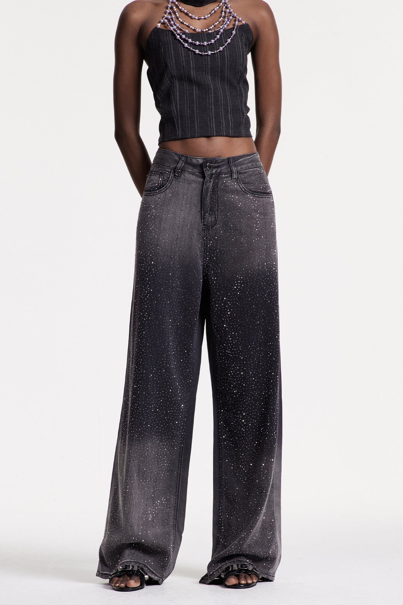 Chobin Rhinestone Hayley Siyah Kot Pantolon