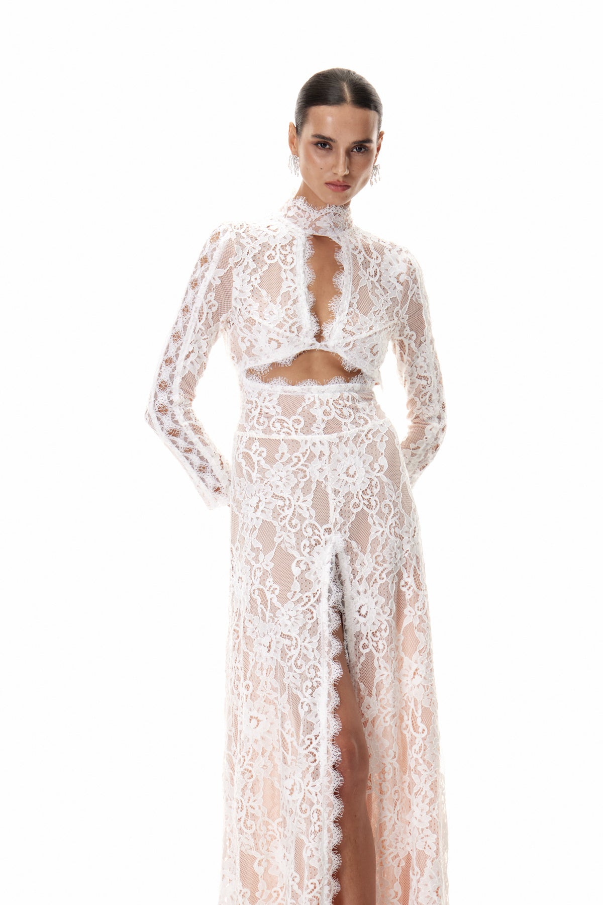 Daividh Kesik Dantel Uzun Elbise