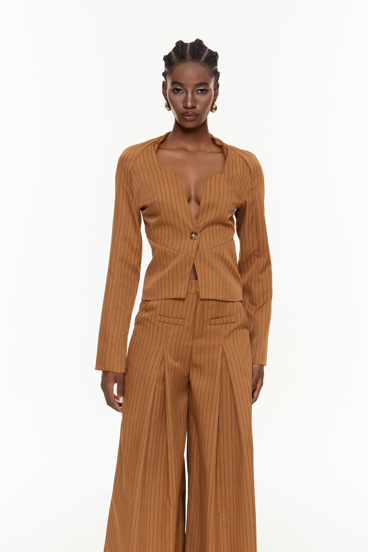 Ehab Çizgili Derin V Yaka Pantolon Takımı