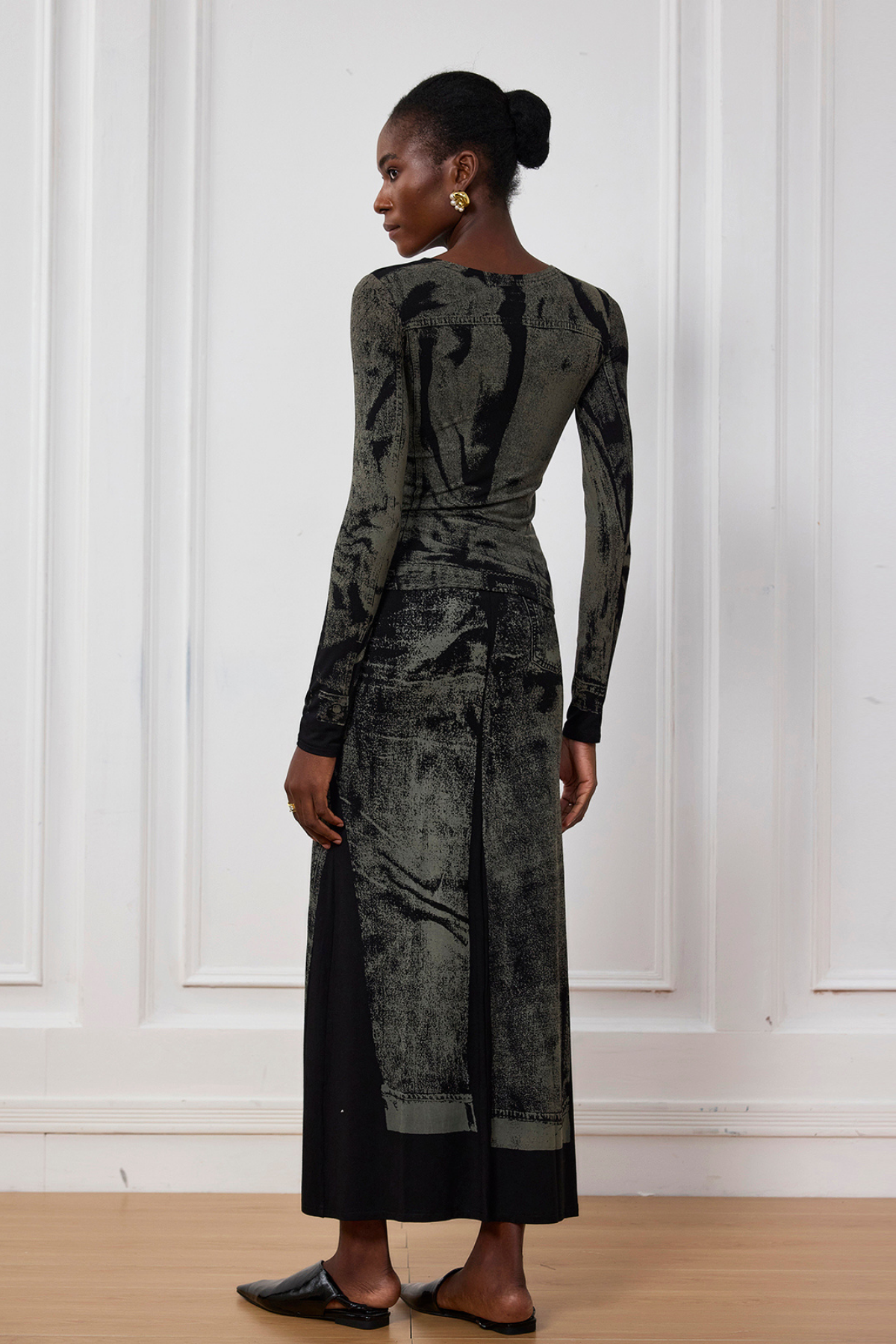 İndigo İllüzyon Desenli Bodycon Maxi Etek