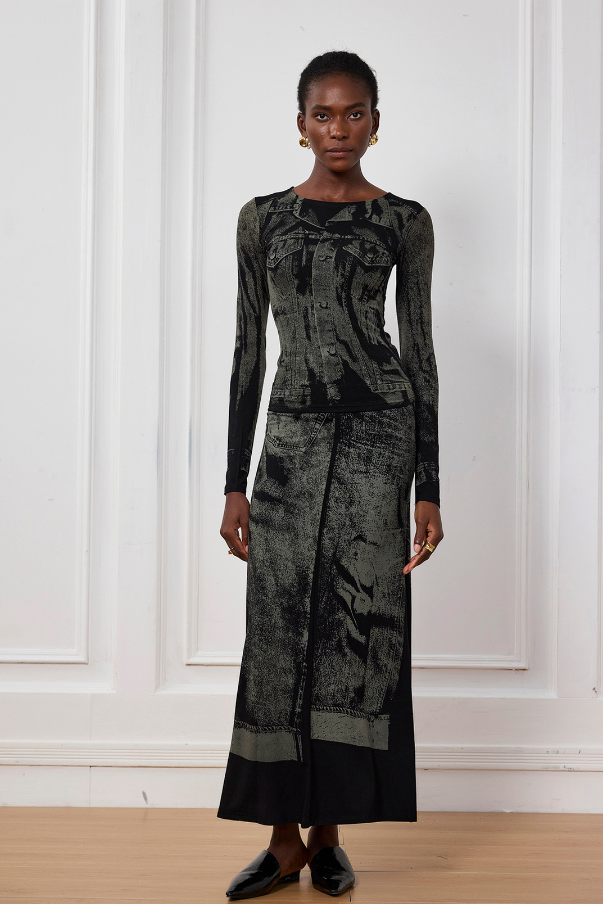 İndigo İllüzyon Desenli Bodycon Maxi Etek
