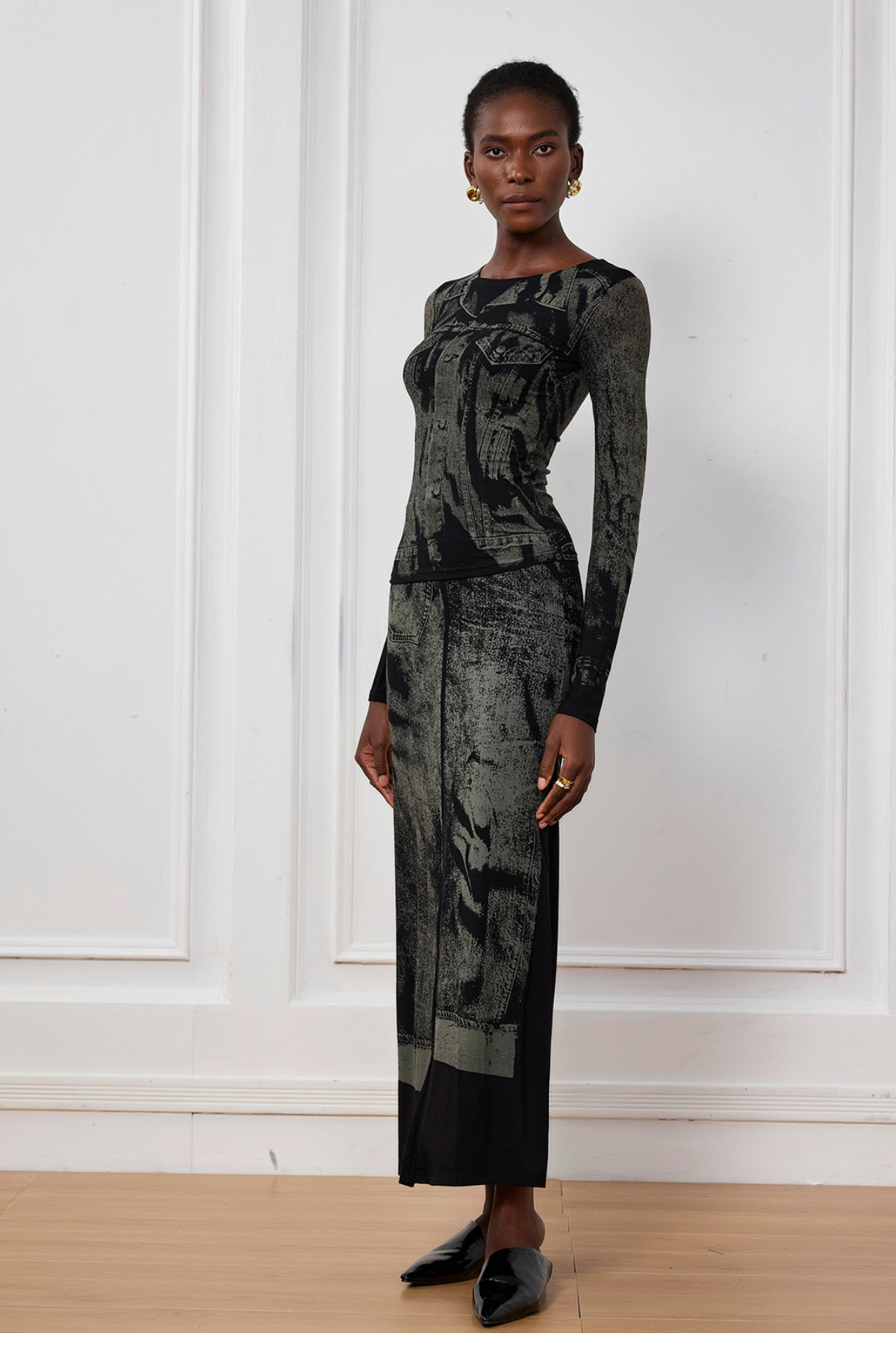 İndigo İllüzyon Desenli Bodycon Maxi Etek