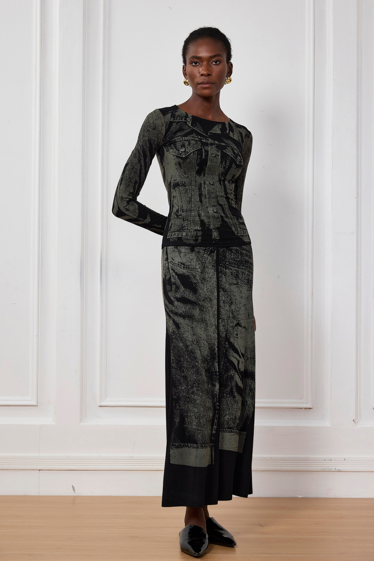 İndigo İllüzyon Desenli Bodycon Maxi Etek