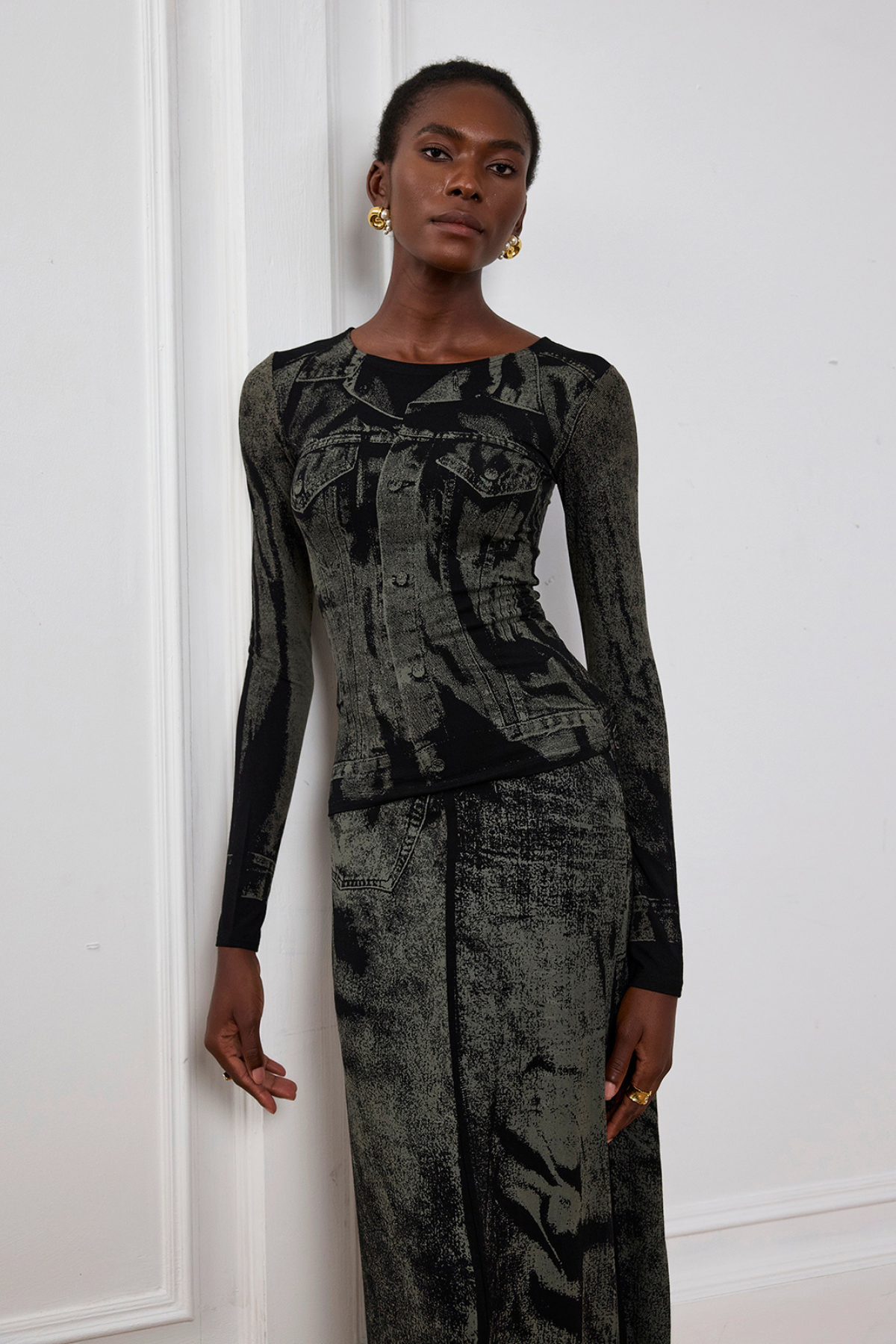 İndigo İllüzyon Desenli Bodycon Maxi Etek