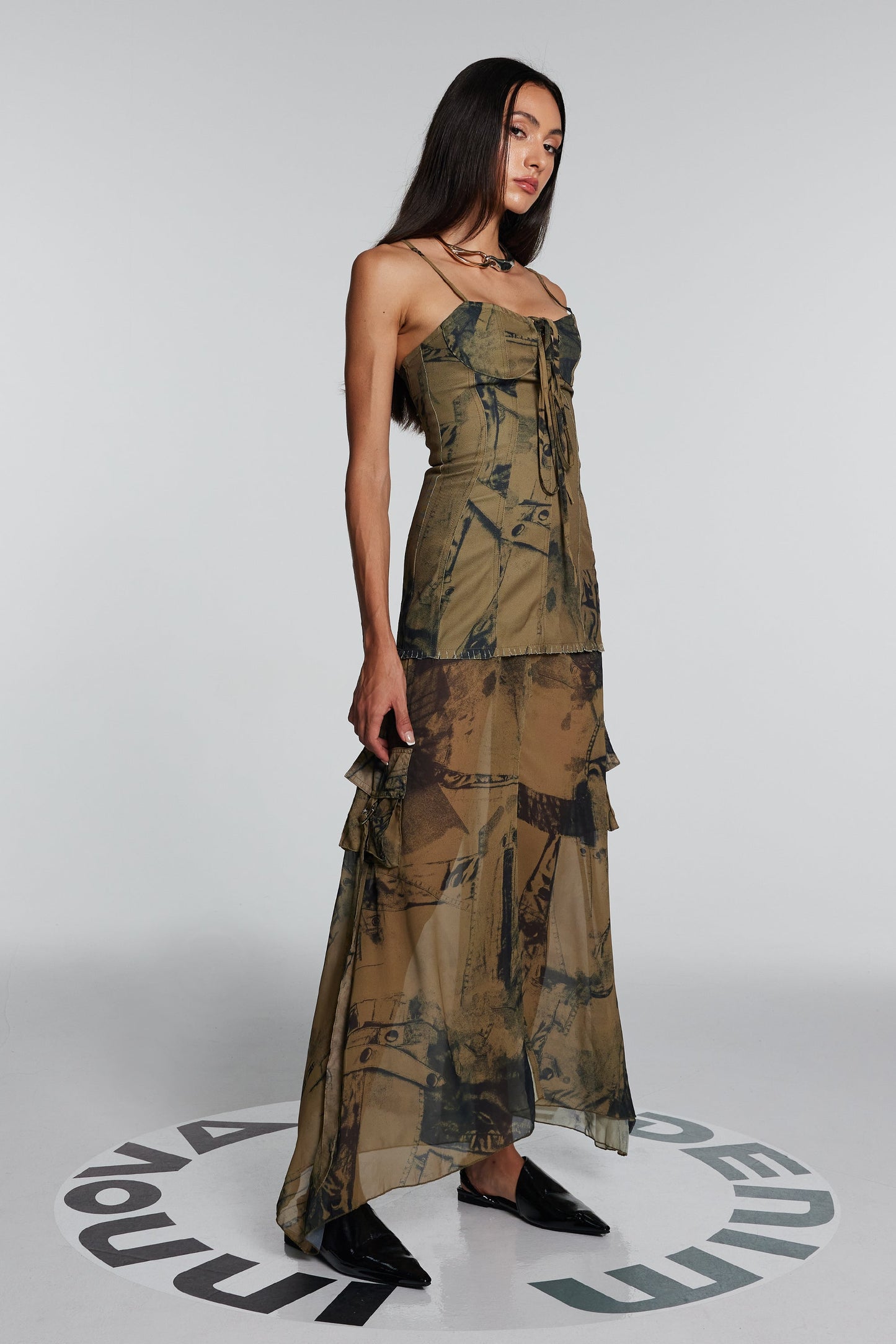 Jennifer Mesh Denim Maxi Elbise