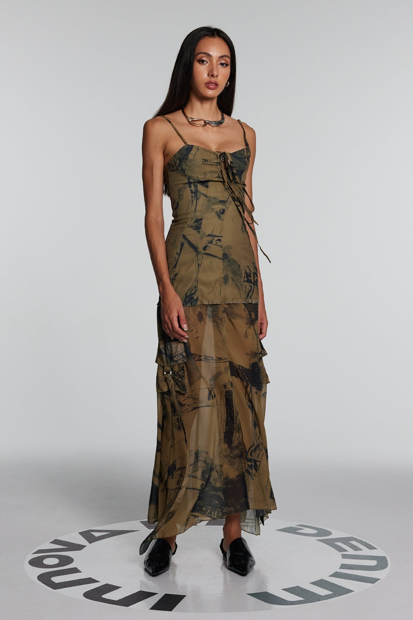 Jennifer Mesh Denim Maxi Elbise