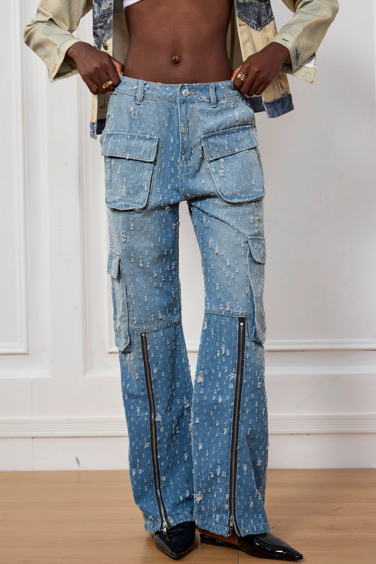 Jolie Yırtık Cep Fermuarlı Kargo Jean