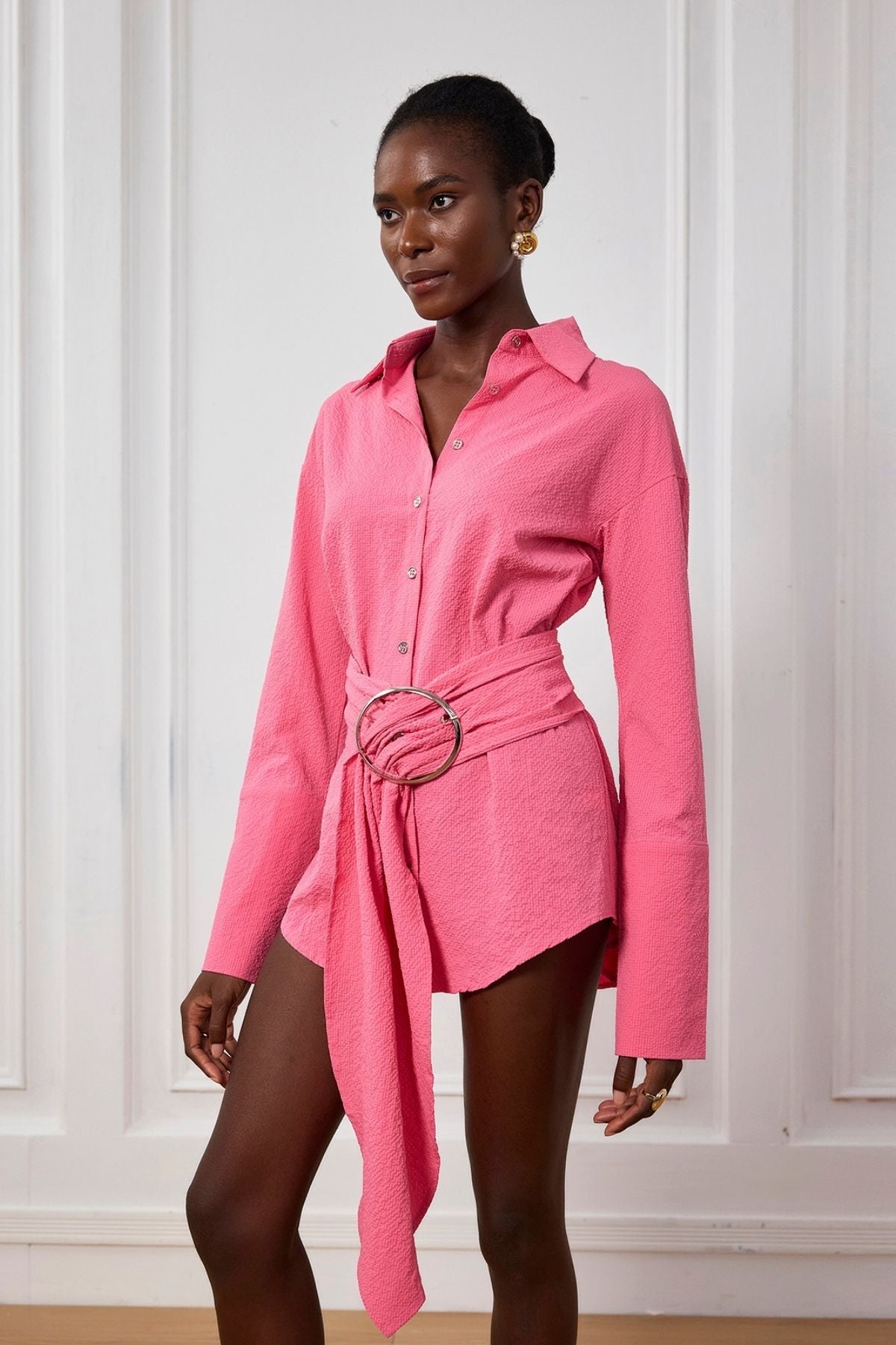 Kimora Tokalı Dantelli Gömlek Mini Elbise Pembe