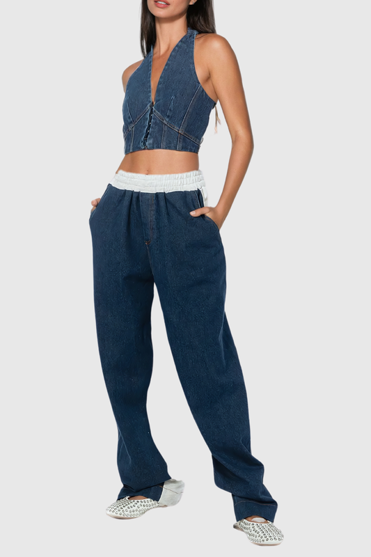 Adams Boyundan Bağlamalı Deconstruct Denim Pantolon Takım