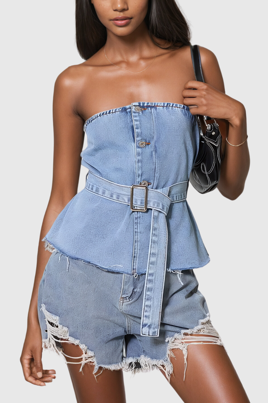 Aelius Açık Mavi Tokalı Straplez Denim Üst