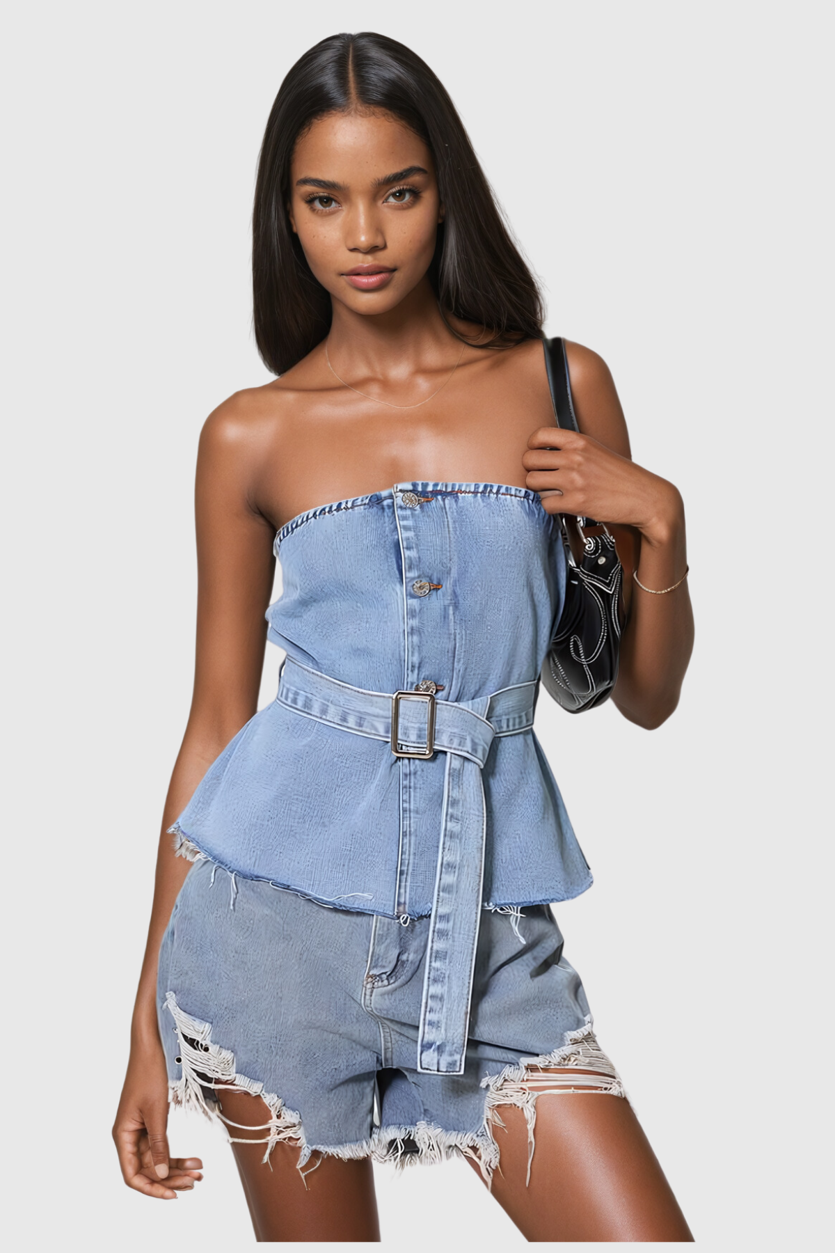 Aelius Açık Mavi Tokalı Straplez Denim Üst