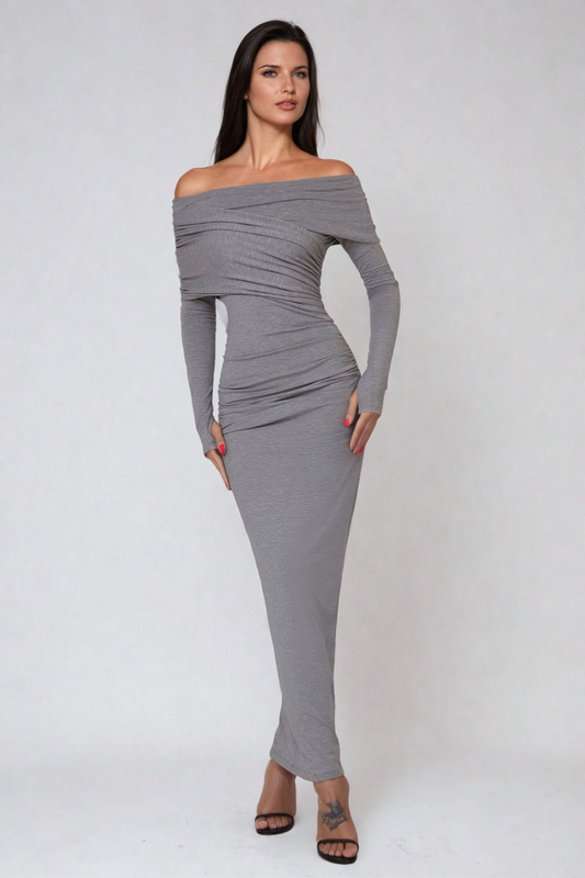 Afton Düşük Omuz Dantelli Bodycon Maxi Elbise