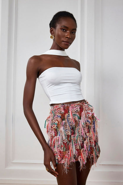 Alianna Püsküllü Çizgili Mini Etek